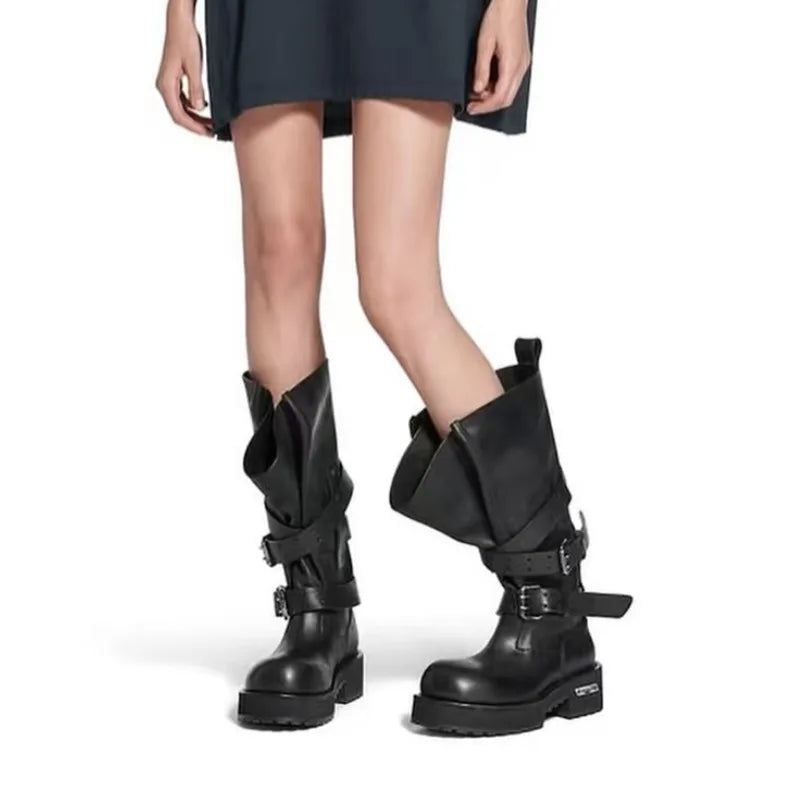 Womens Knee High Buckle Strap Boots Retro Pu Leather Rivet Thick Heel Motorcycle Boots