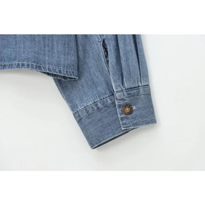 Trendy Imitation Denim Blouse For Women Long Puff Sleeves Bow Embellished High Neck Shirt