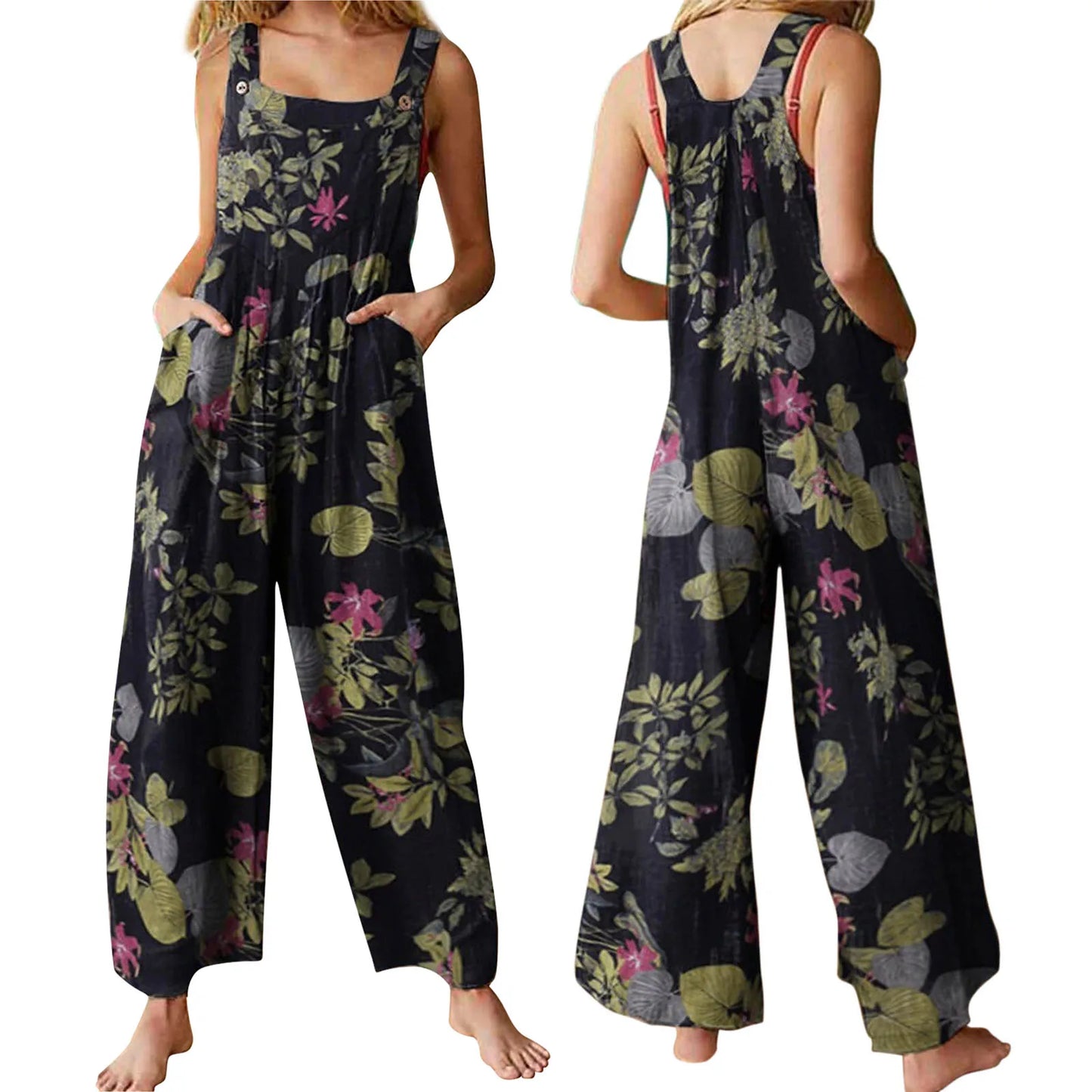 5xl Women Strap Loose Wide Leg Cotton Jumpsuit