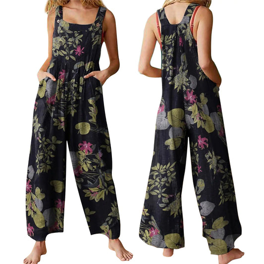 5xl Women Strap Loose Wide Leg Cotton Jumpsuit