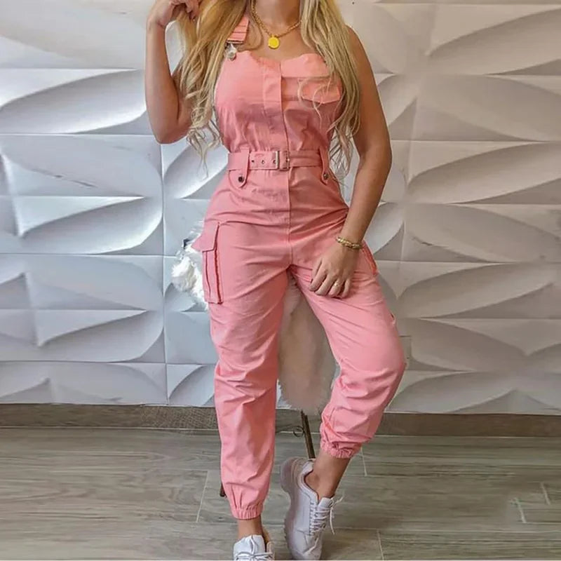 2025 Women S Casual Cargo Jumpsuit Sleeveless O Neck Playsuit With Pocket Belt Loose Pencil Pants