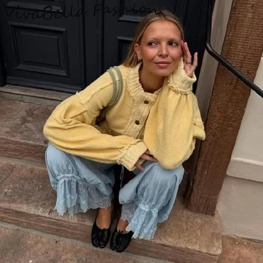 Women Elegant Lantern Sleeve Cardigans