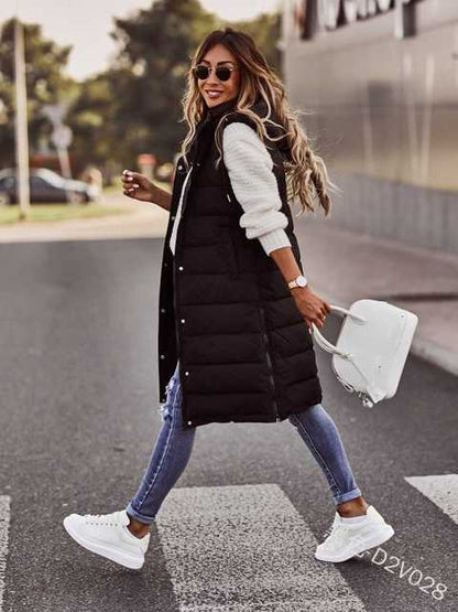 2025 Women's Long Winter Quilted Hooded Vest, Sleeveless Down Cotton Jacket with Pockets, Warm Outdoor Coat S-5XL