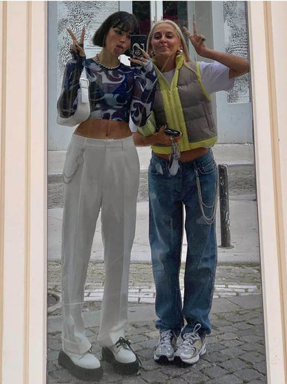 Chaotic Print Sheer Mesh Round Neck Crop Top