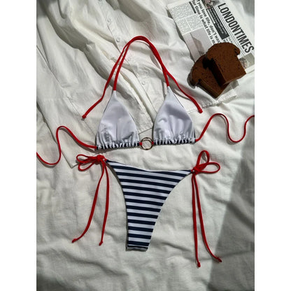 Navy Stripe Gold Ring Detail Bikini with Red Contrast Straps Aesthetic