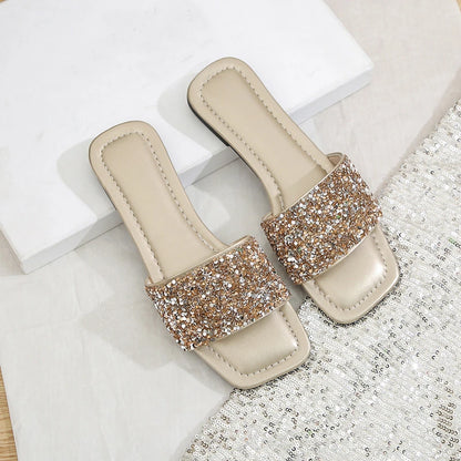 Shiny Rhinestone Design Elegant Flat Slippers For Women