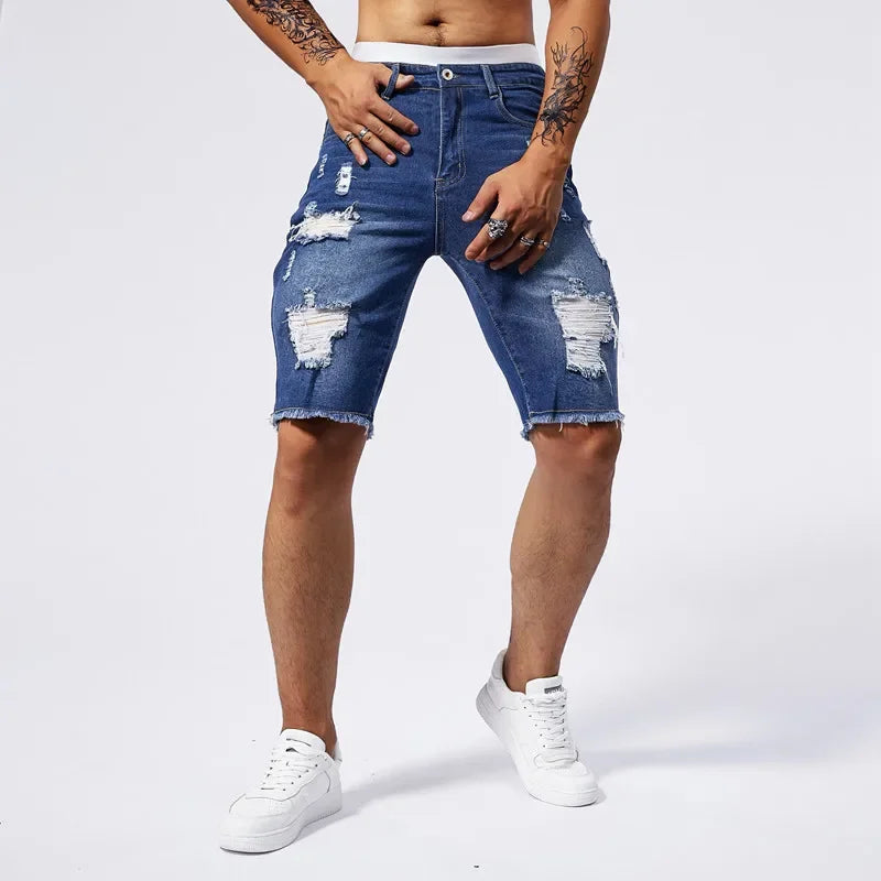 Men Stretch Light Blue Ripped Denim Shorts