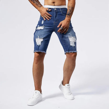 Men Stretch Light Blue Ripped Denim Shorts
