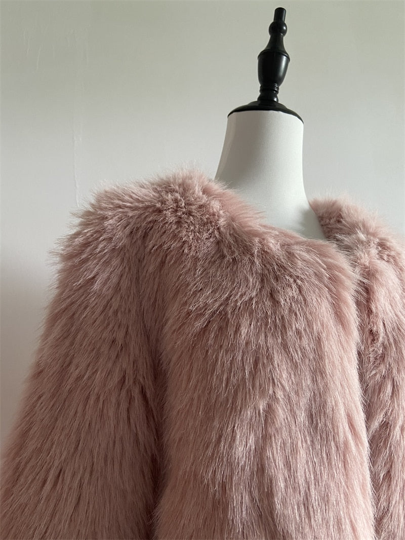 Elegant Women Collarless Thick Faux Fur Coats