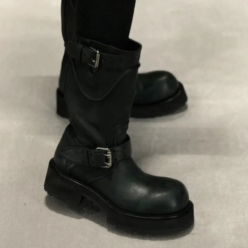 Womens Knee High Buckle Strap Boots Retro Pu Leather Rivet Thick Heel Motorcycle Boots