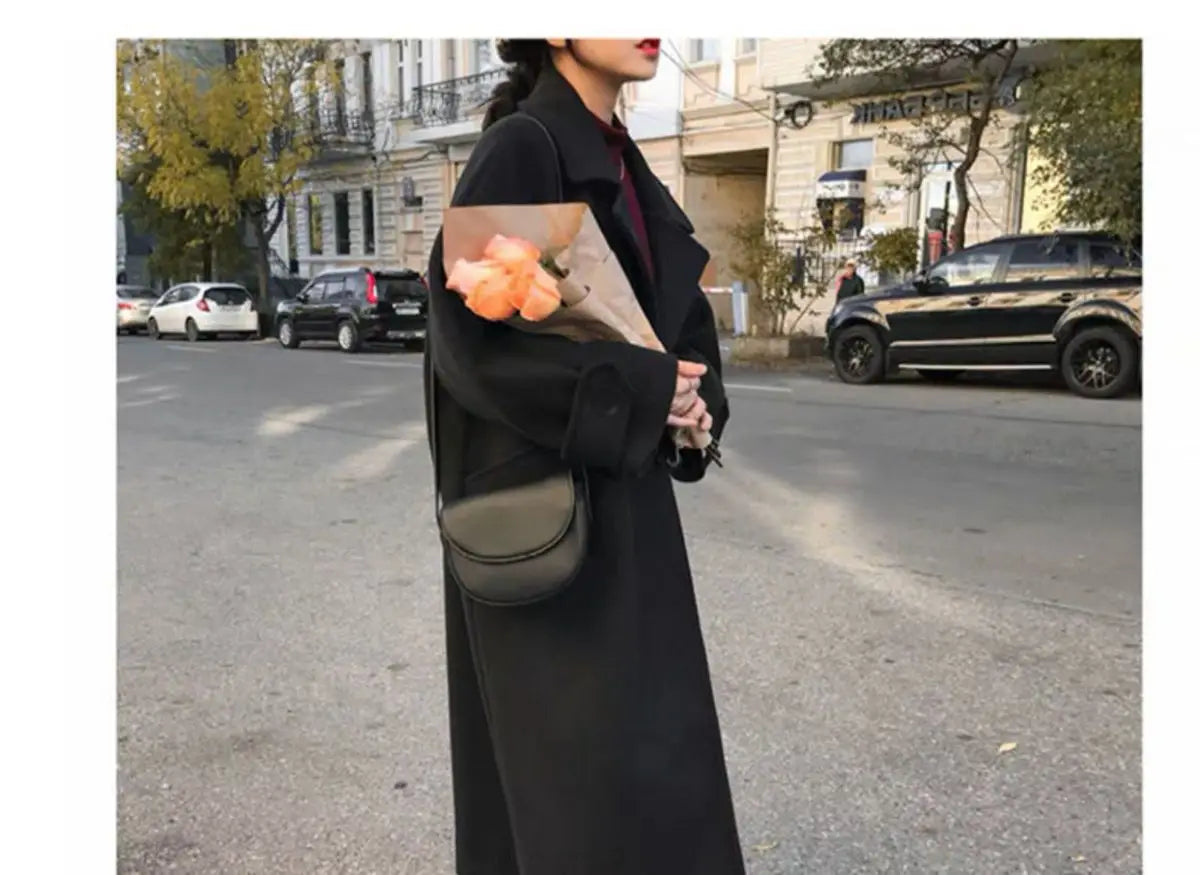 Elegant Black Wool Blend Coat for Women – 2025 Korean Style Thick Long Winter Overcoat