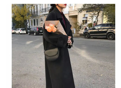 Elegant Black Wool Blend Coat for Women – 2025 Korean Style Thick Long Winter Overcoat