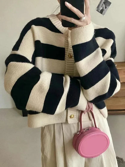 Parisian Playfulness: The Signature Cherry-Striped Cropped Cardigan
