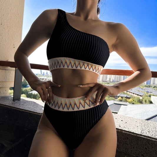 Geometric Print One Shoulder High Waisted Bikini