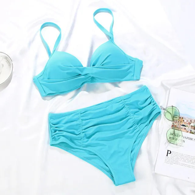 Spaghetti Strap High Waist Bikini Set For Women Padded Pleated Swimsuit Solid Color