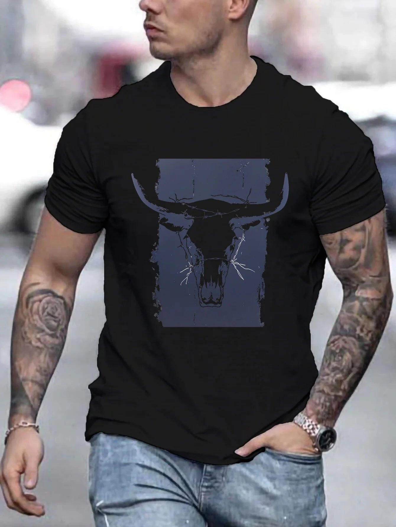 Bull Horns Skull Print Western Themed T Shirts