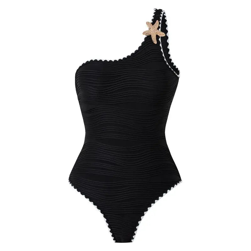 Elegant Cream One-Shoulder Starfish Detail Swimsuit Aesthetic