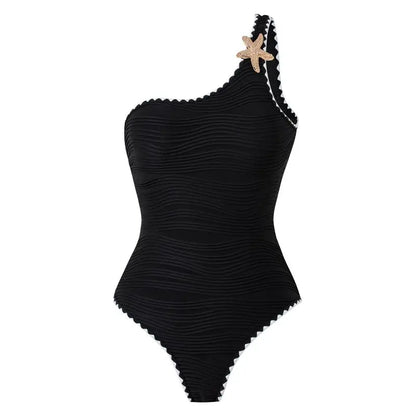 Elegant Cream One-Shoulder Starfish Detail Swimsuit Aesthetic