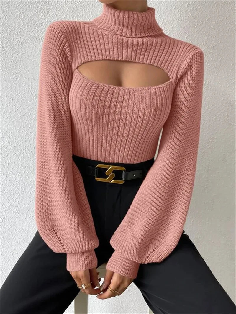 Hollow Out Turtleneck Sweater – Women’s Loose Boho Knit