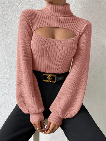 Hollow Out Turtleneck Sweater – Women’s Loose Boho Knit