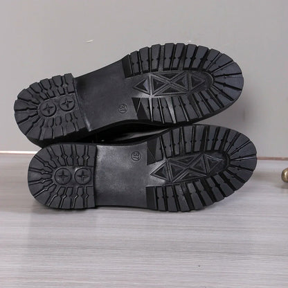 Women Cow Leather Round Toe Thick Sole Ankle Chelsea Boots