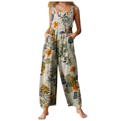 Women S Ethnic Style Jumpsuit Off Shoulder Floral Print Romper Sleeveless Summer Overalls With Pockets