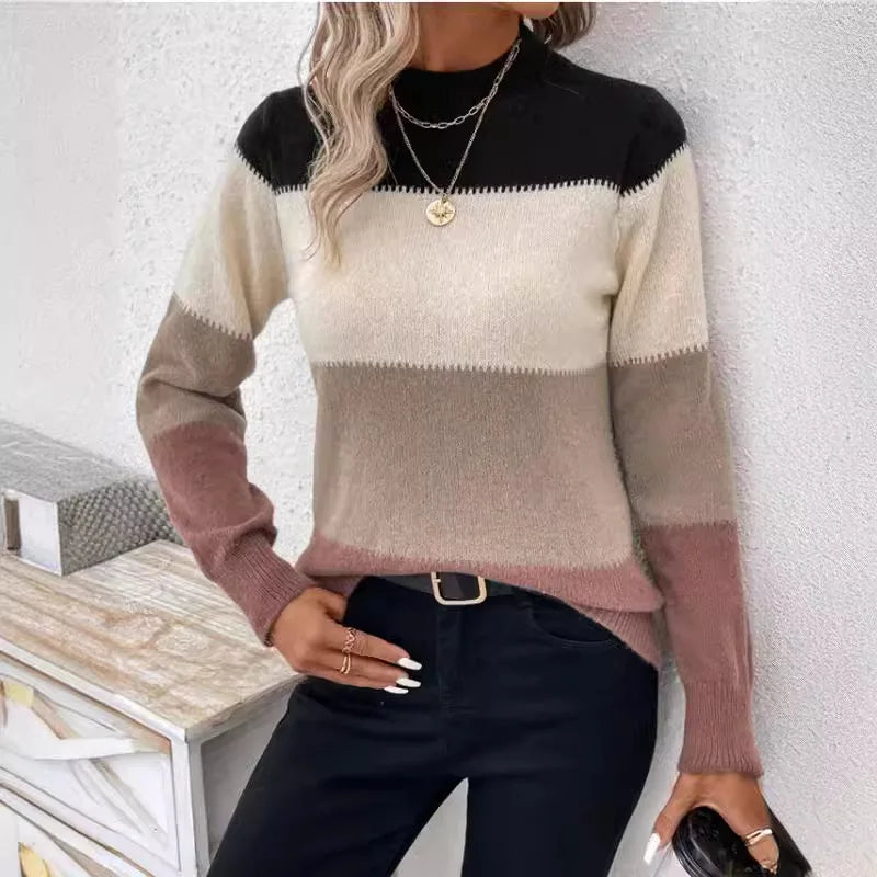 Cozy Chic: Neutral Colorblock Mock Neck Sweater