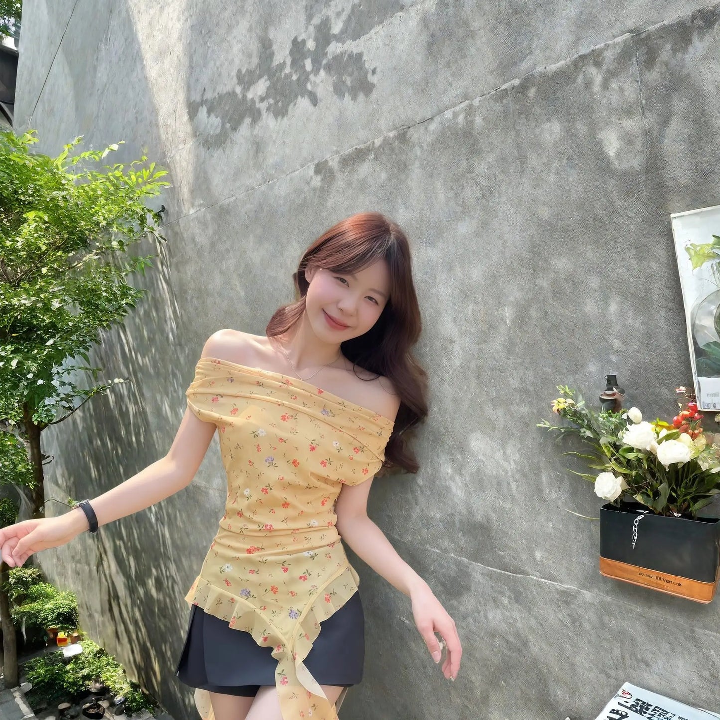Big Flower Ruffle Design Chic Asymmetric Tops