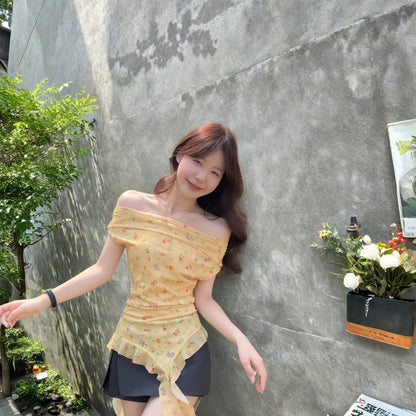 Big Flower Ruffle Design Chic Asymmetric Tops