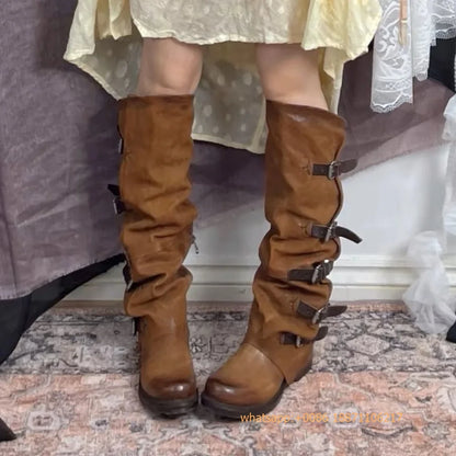 Womens Large Mid Length Retro Boots Buckle Casual Knight Boots For Autumn Winter 2025