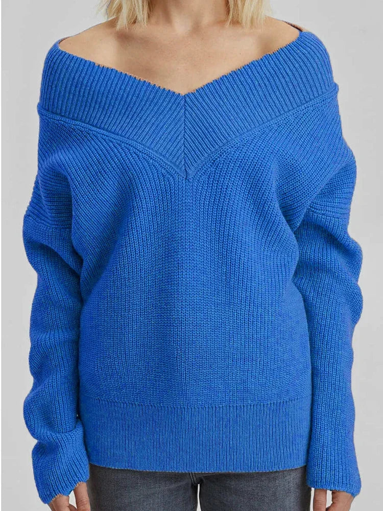 Womens V Neck Grey Knitted Loose Sweaters