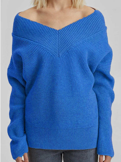 Womens V Neck Grey Knitted Loose Sweaters