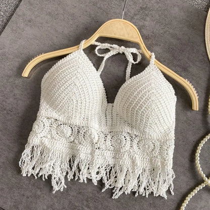 2025 Handmade Knit Crochet Crop Top Sexy Halter Camisole Push Up Beach Tank For Women Yoga Wear
