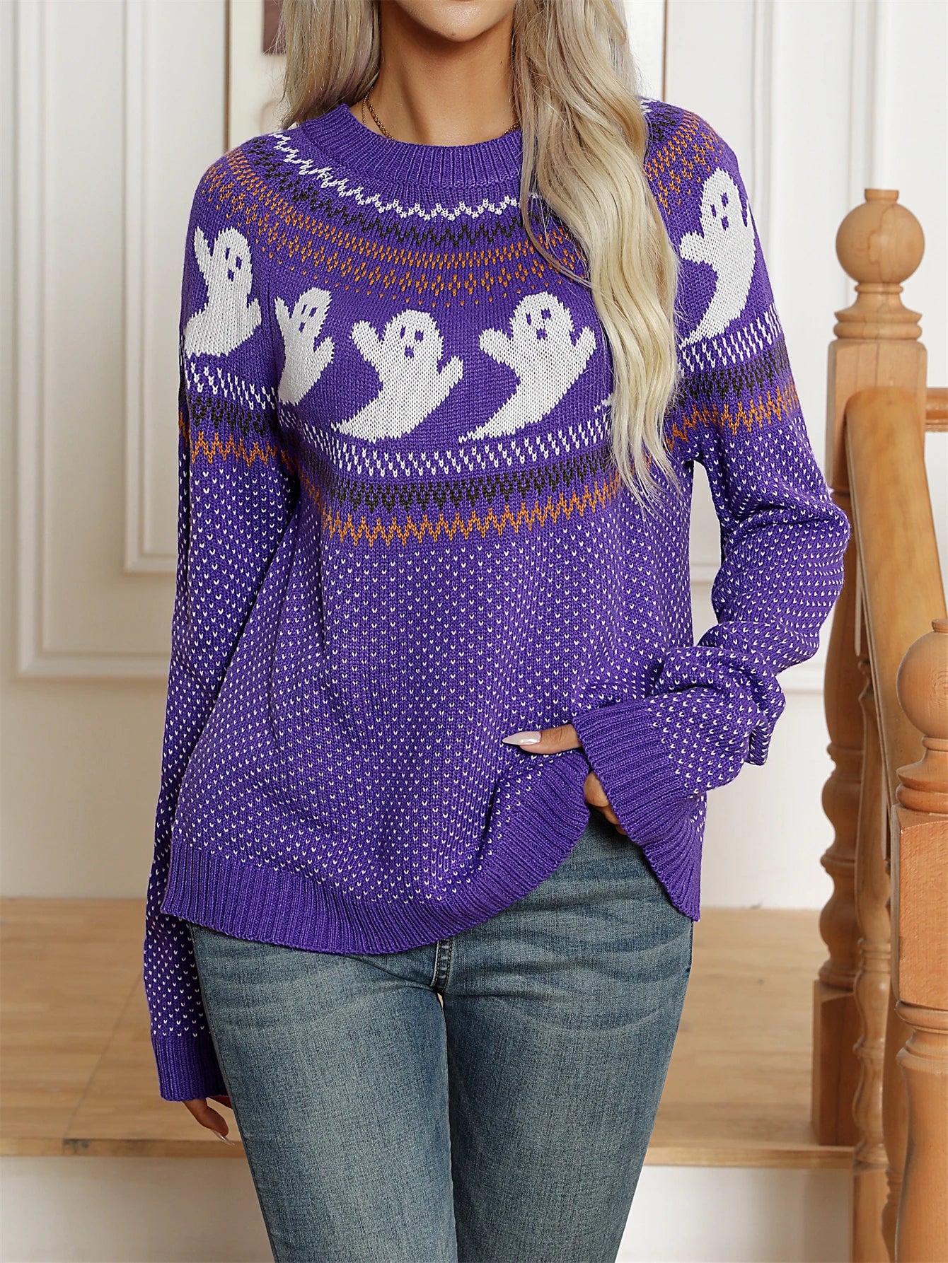 2025 Gothic Ghost Pattern Knit Sweater For Women Loose Fit Long Sleeve Pullover Top For Autumn Winter Streetwear Fashion