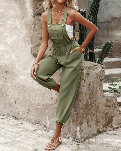 Women's One-Piece Jumpsuit – High-Waist Cargo Overalls, Sleeveless Lace-Up Romper, Casual Long Pants with Suspenders