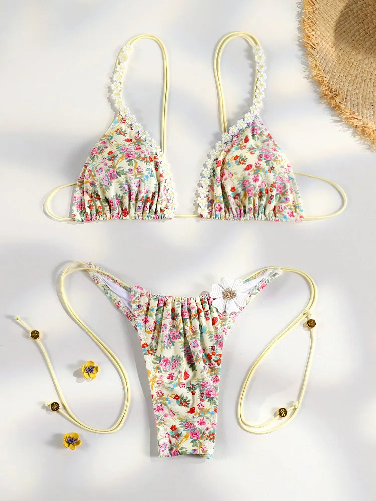 Purple Floral Ruffle Bikini with Butterfly Charm Aesthetic