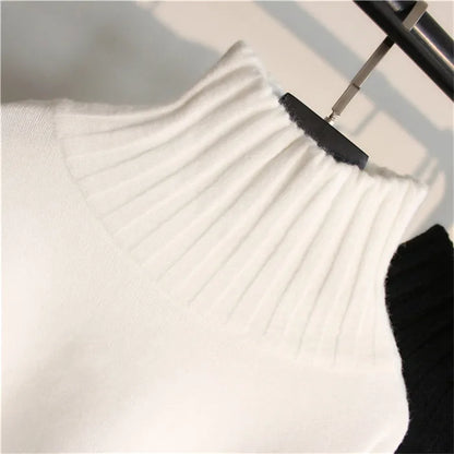 2025 Women S Turtleneck Knitted Sweater Solid Color Full Sleeve Thick Splice Jumper Casual Autumn Winter Pullover