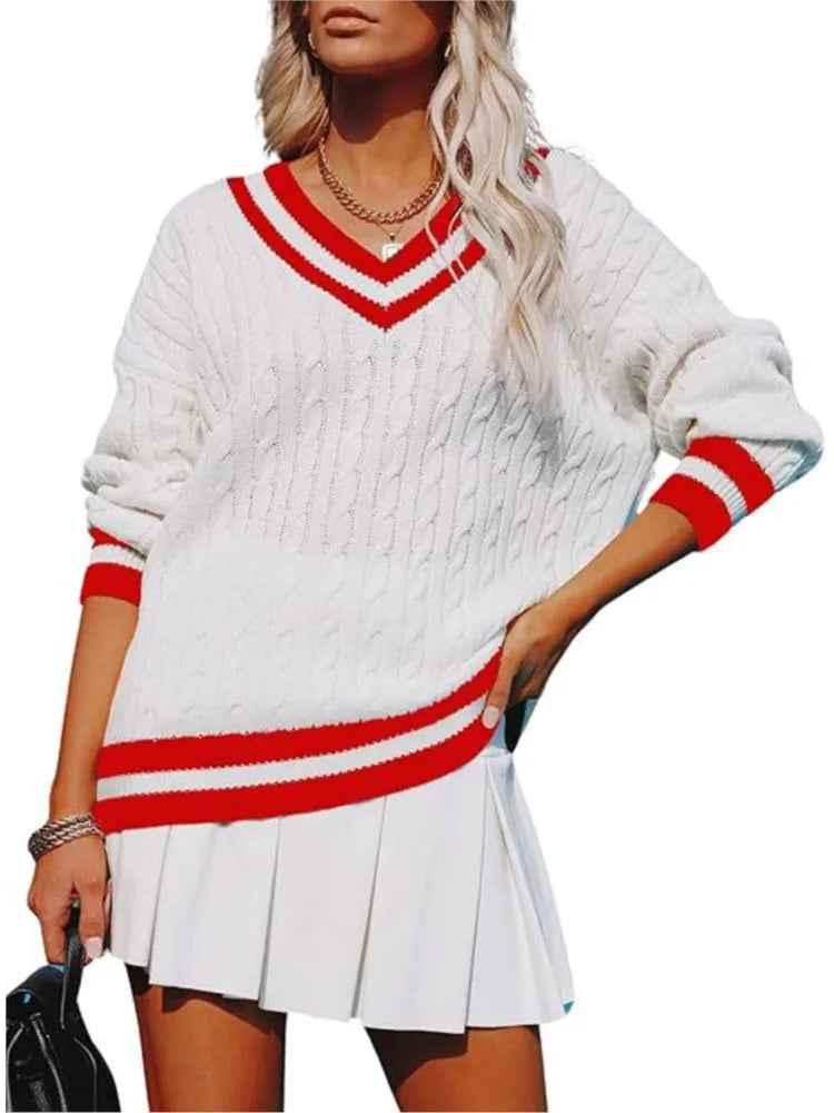 Autumn Winter V Neck Pullover Striped Sweater For Women Loose Comfortable Color Blocking Casual Trendy Knitted Tops