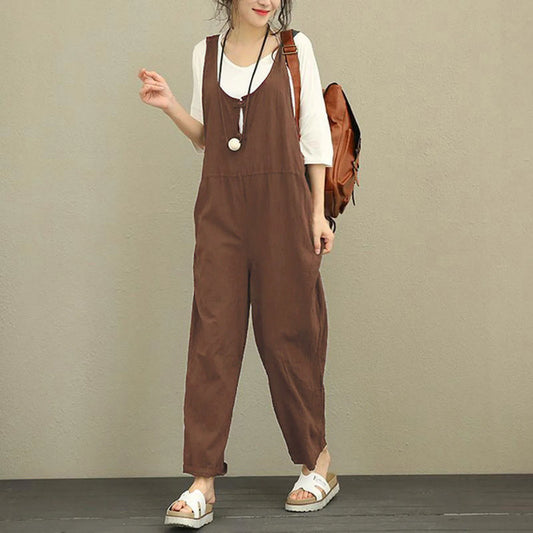 Multi Color Retro Casual Rompers For Women Cotton Suspender Jumpsuit Wide Leg Pants Pockets Loose Fit Summer