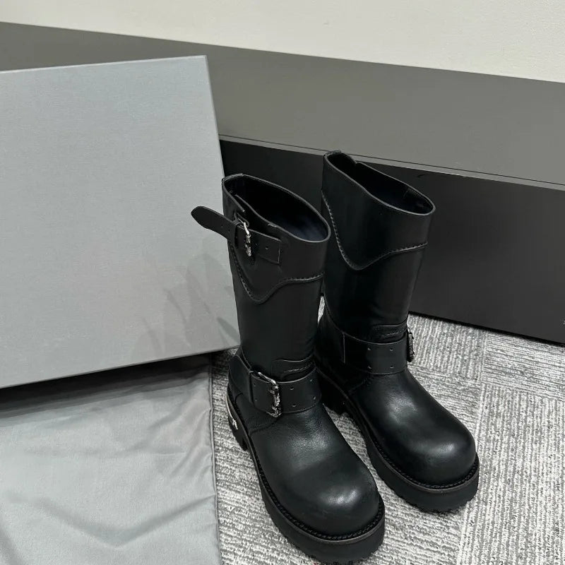 Womens Knee High Buckle Strap Boots Retro Pu Leather Rivet Thick Heel Motorcycle Boots