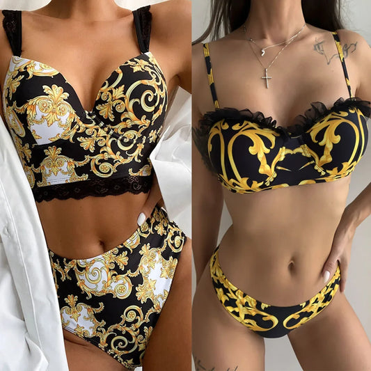Gold Baroque Print Lace Trim Luxury Bikini Aesthetic