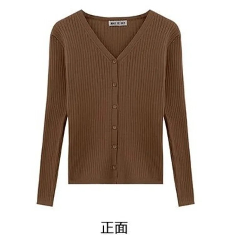 New Spring Autumn Solid Cardigan Sweater For Women V Neck Long Sleeve Single Breasted Short Coat Knit Clothing
