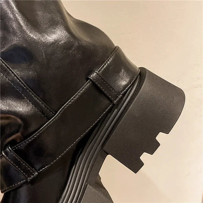 Women’s Knee-High Retro Western Boots 2025 – PU Leather Zipper Chunky Heel Punk Knight Boots