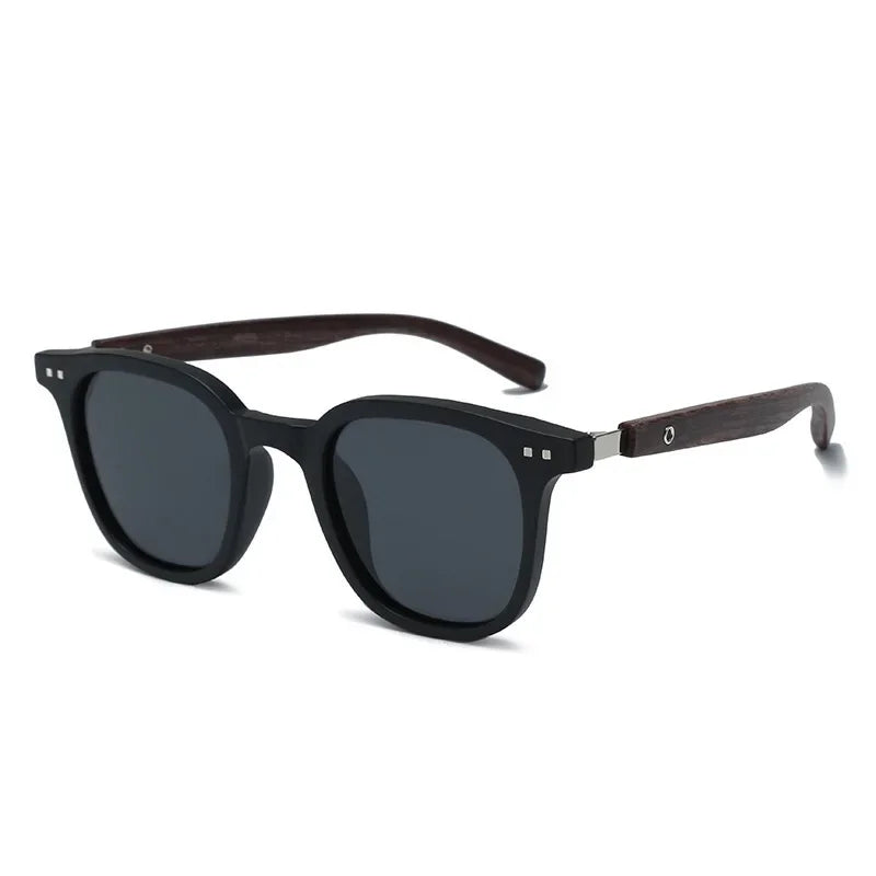 Nature Meets Tech: Matte Grey Sunglasses with Textured Wooden Temples