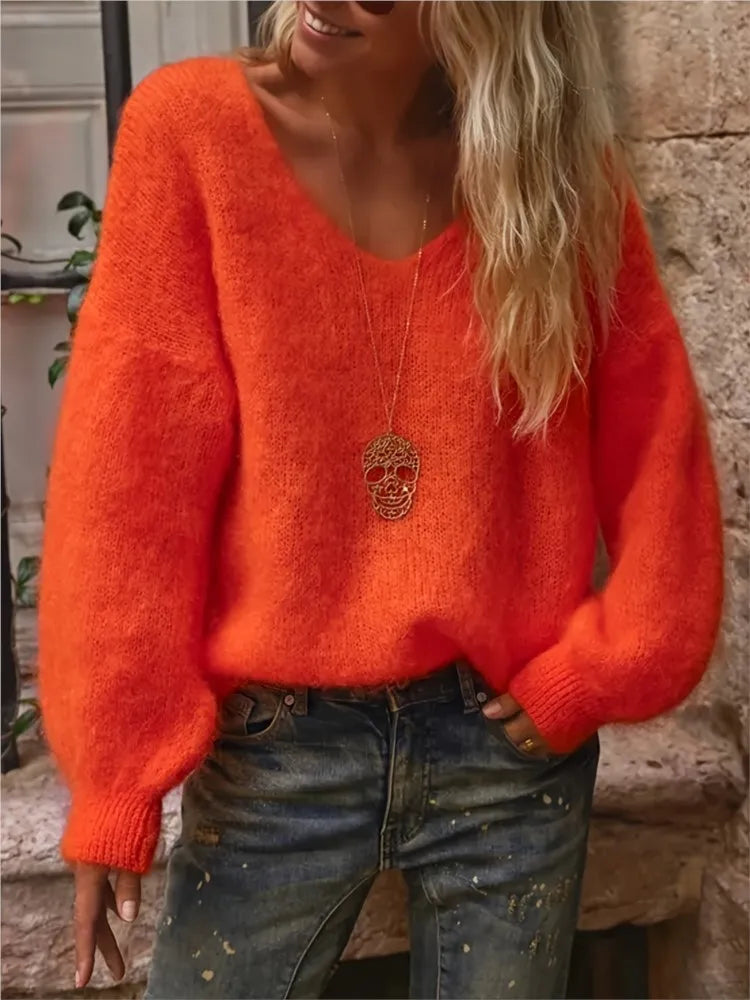 Loose V Neck Loungewear Pullover For Women Autumn Winter Fashion Sweater With Long Raglan Sleeves New Patchwork Solid Ladies Tops