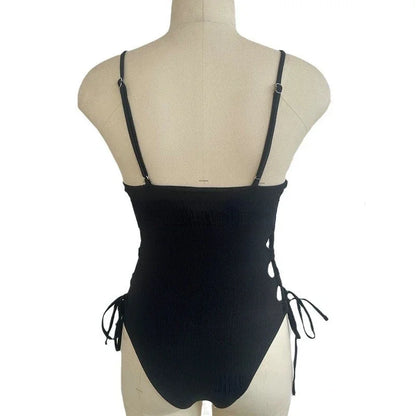 Black Ribbed Lace Up Swimsuit Aesthetic
