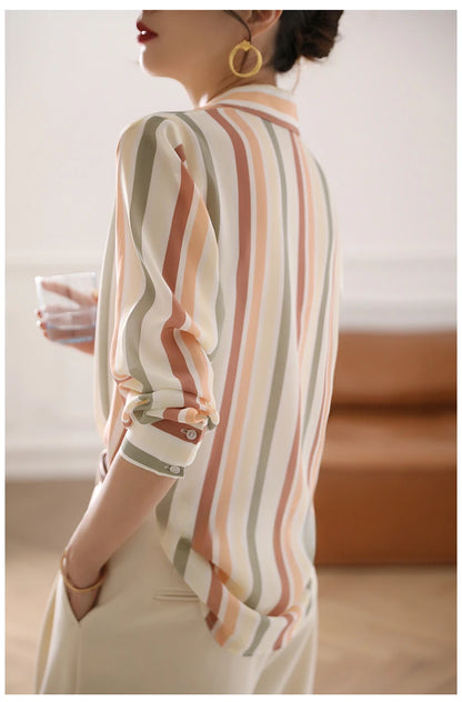 Stripe Satin Shirt for Women – Vintage 2025 Autumn Korean Fashion Blouse, Elegant Basic Tops for Women