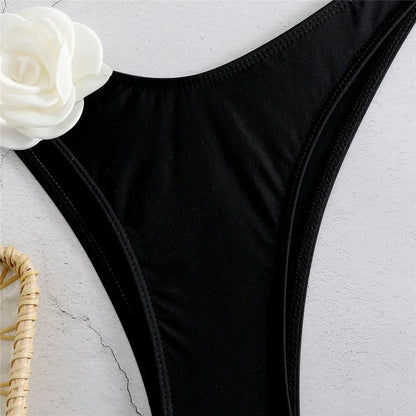 Sophisticated Black Bikini with White 3D Rose Details Aesthetic