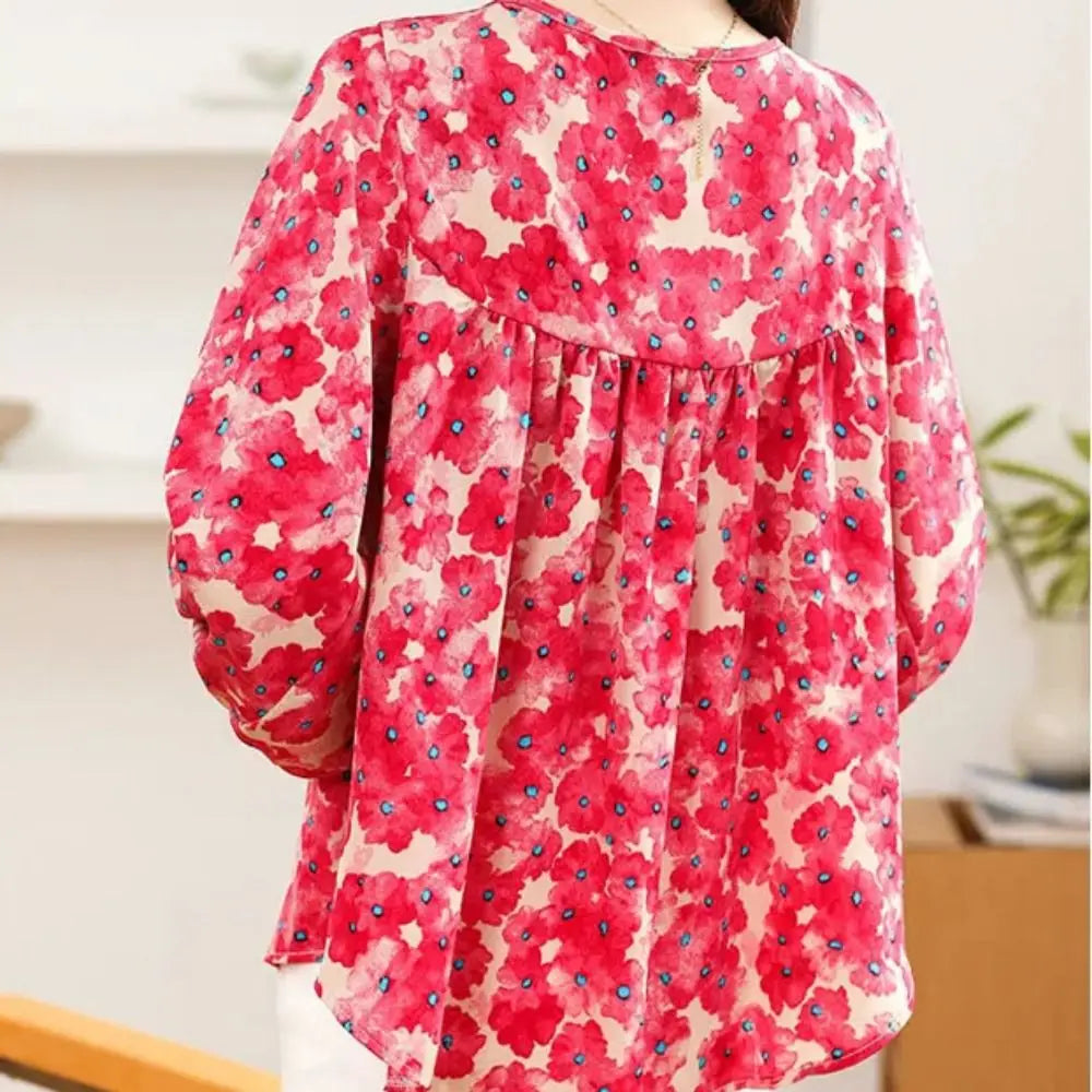 Flower Floral Printing Polo Neck Blouse