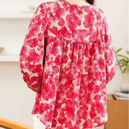Flower Floral Printing Polo Neck Blouse